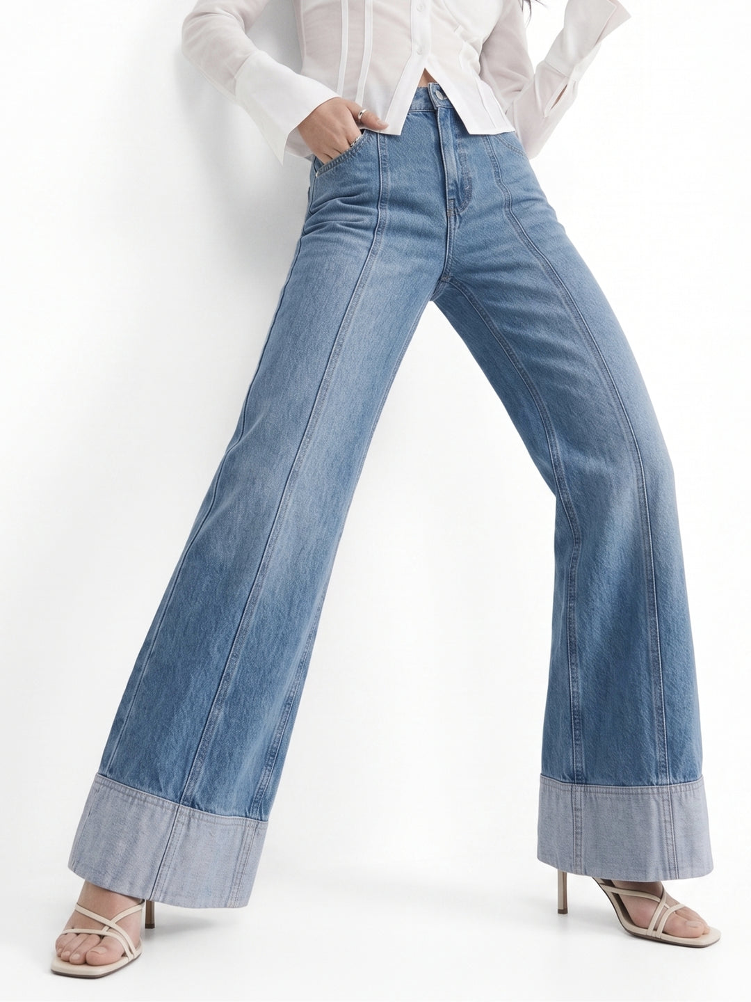 Blue Folded Hem Wide Leg Jeans