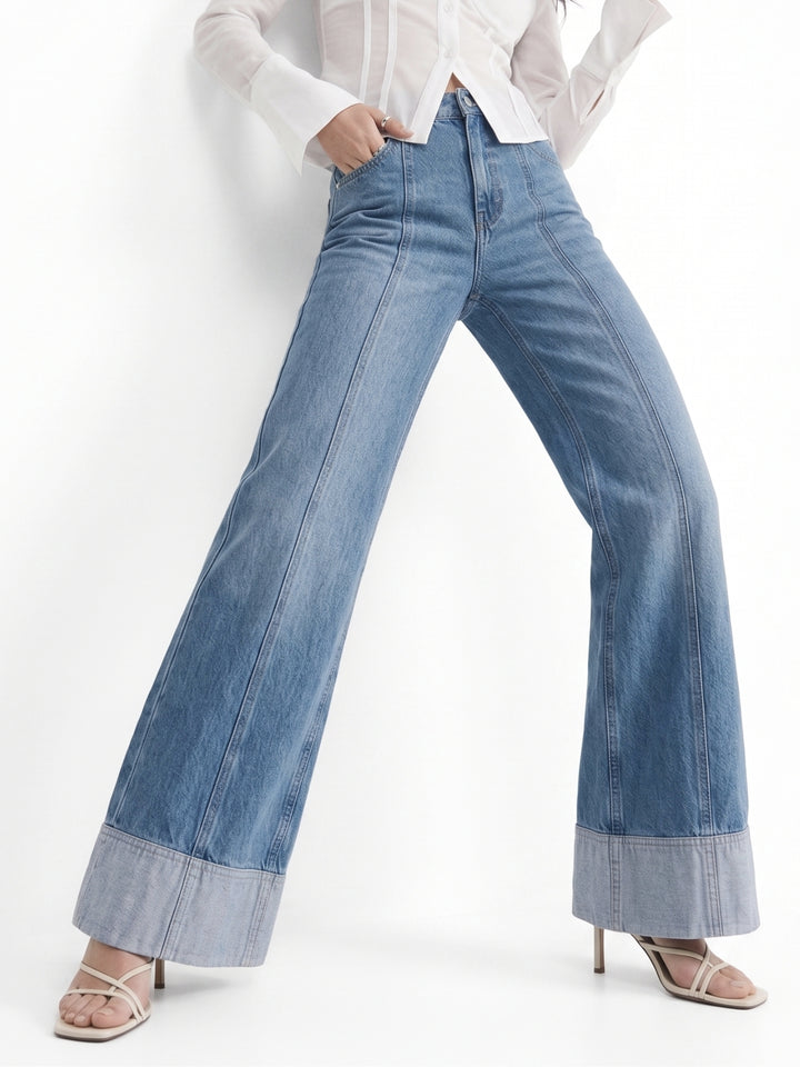 Blue Folded Hem Wide Leg Jeans