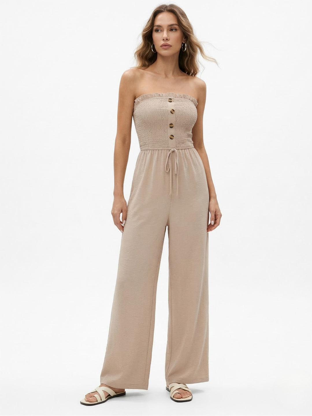 Peach Tube Front Buttoned Solid Jumpsuit