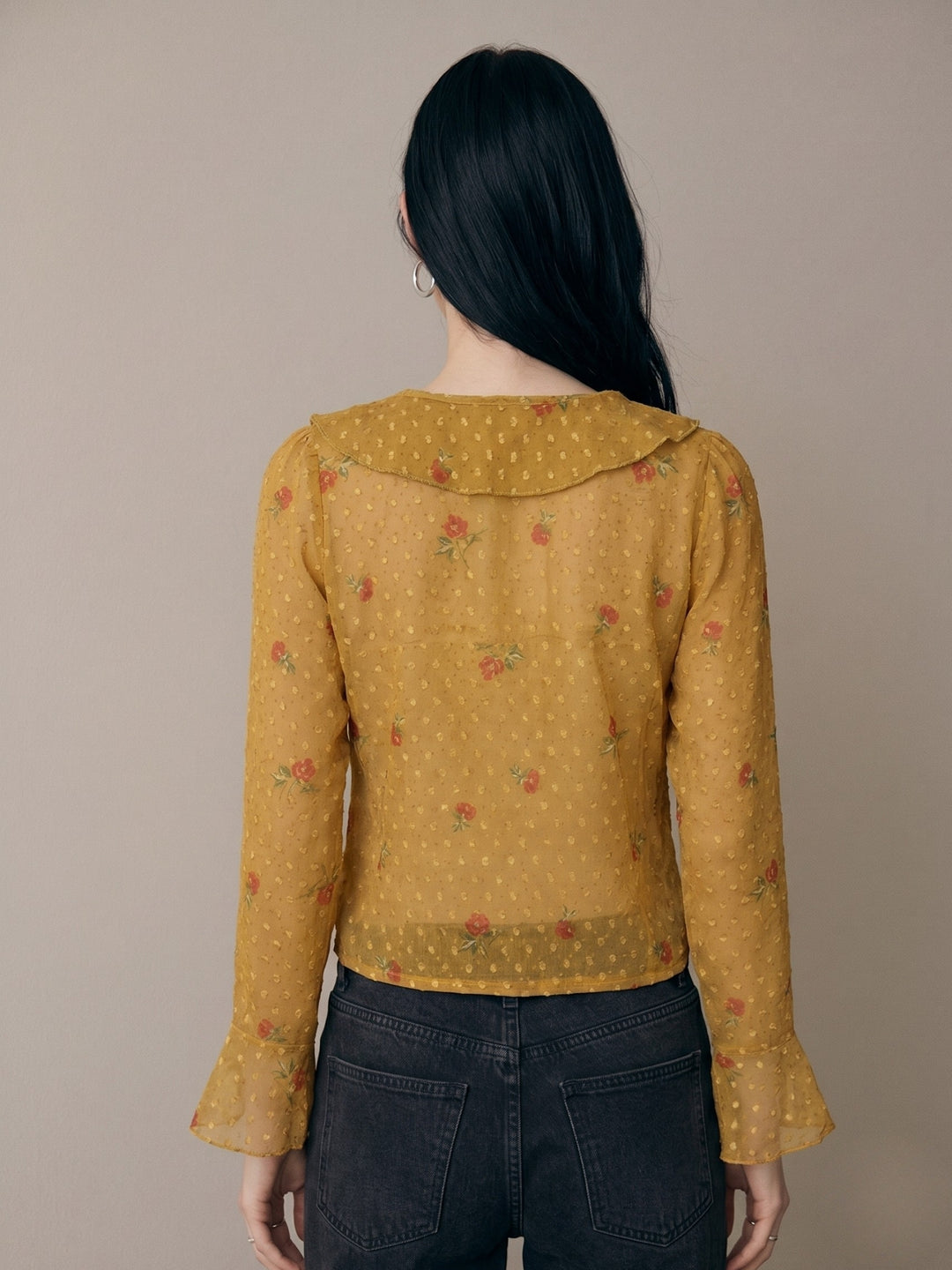 Mustard All Over Printed Front Open Styled Top