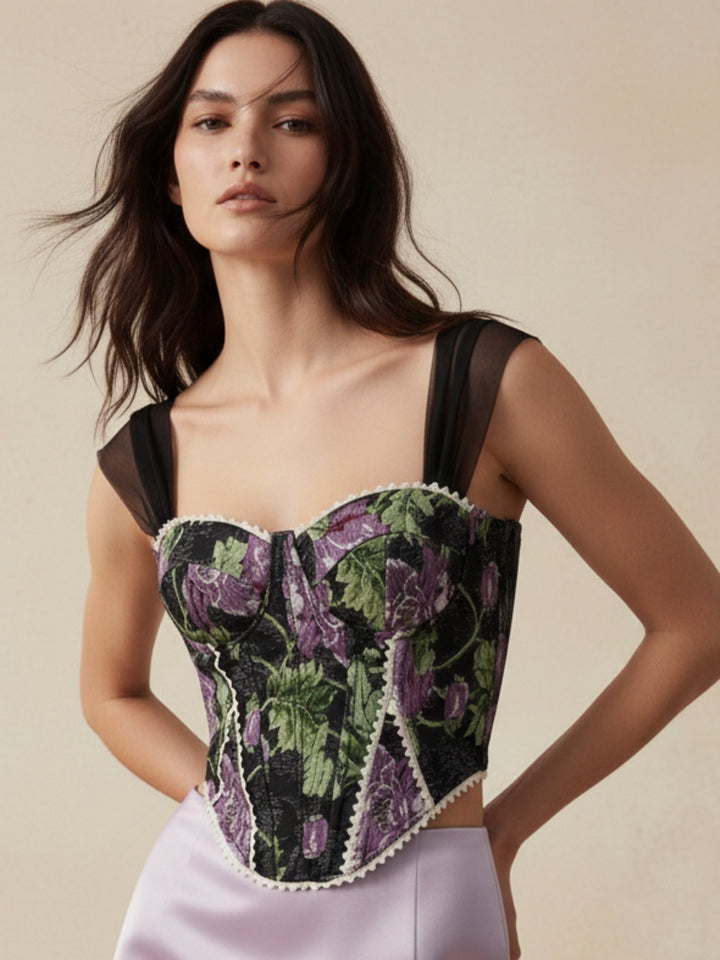 Black Off Shoulder Printed Corset