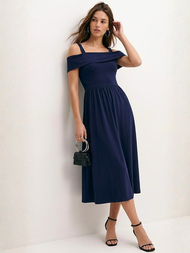 Navy Blue Cold Shoulder Fit & Flare Dress