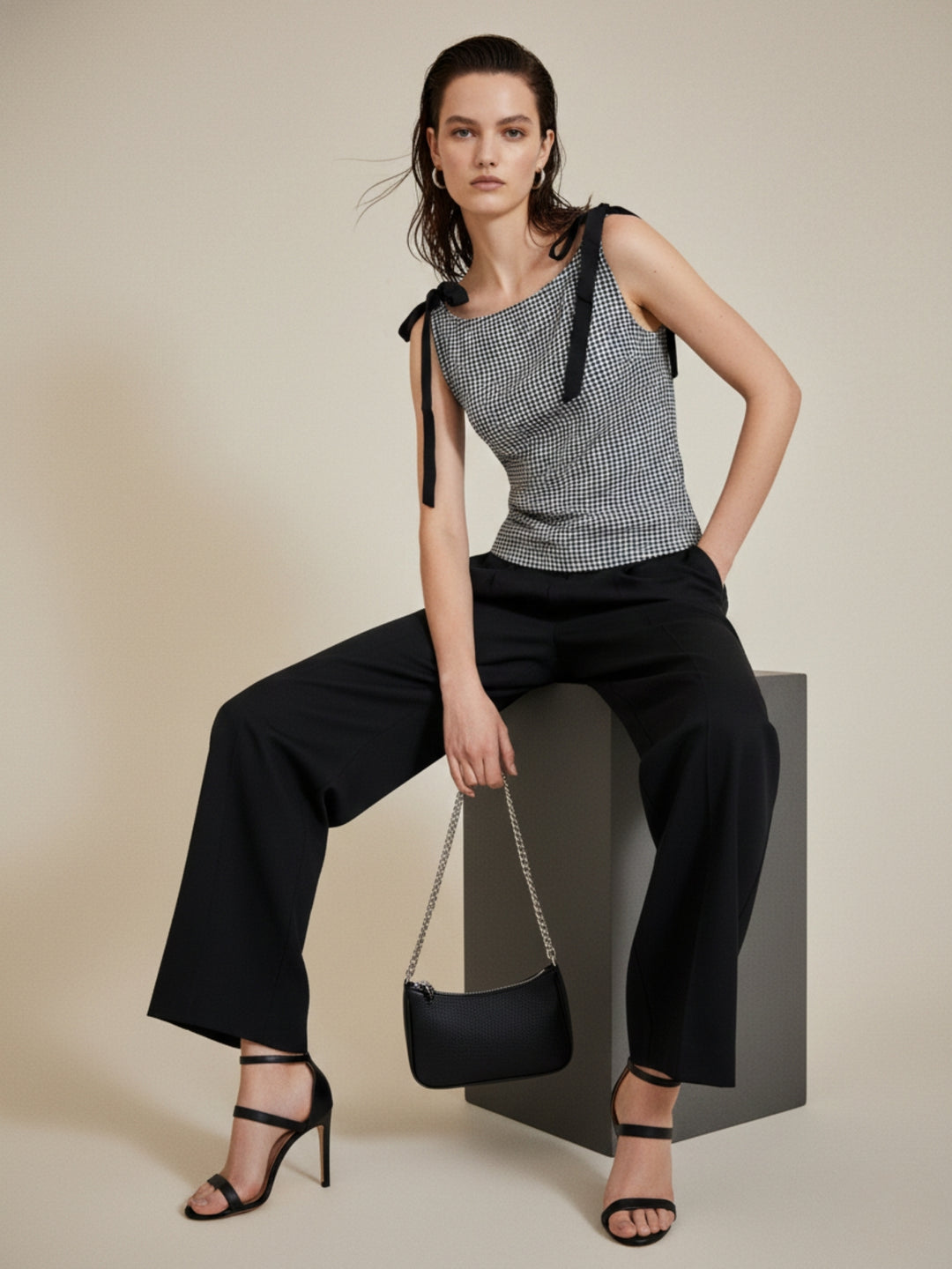 Black Boat Neck Ghingham Knotted Bow Top