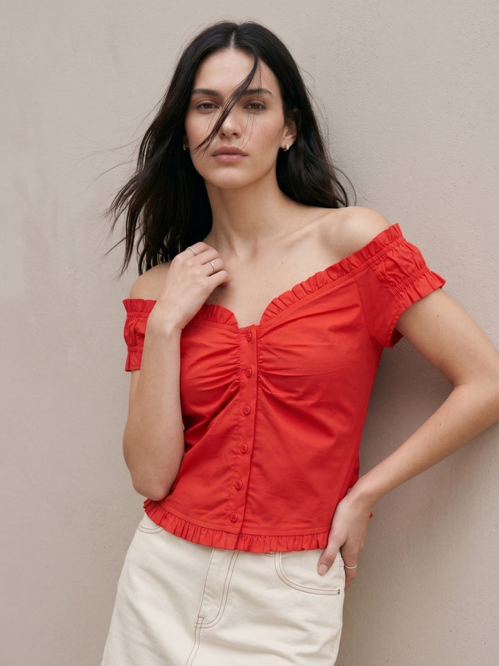 Red Off Shoulder Frill Details Blouse