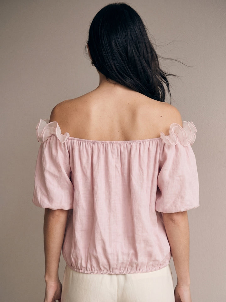 Pink Ruffle Neck Puff Sleeve Top