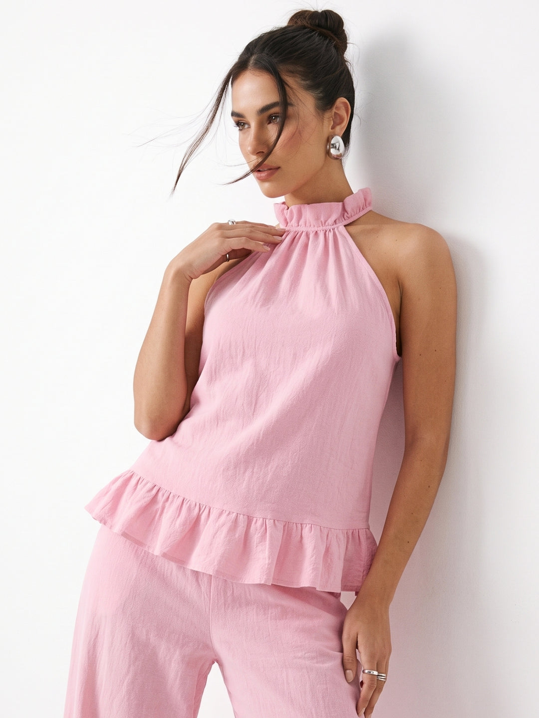Pink Halter Neck Ruffled Hem Top With Trousers Co-Ord Set