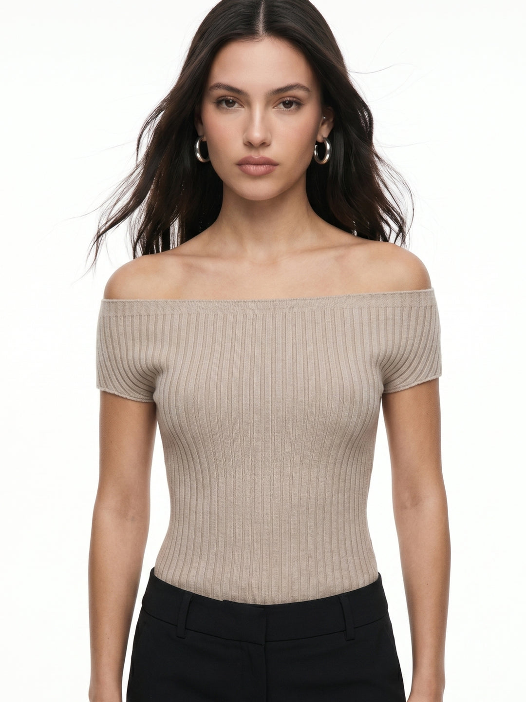 Beige Off-Shoulder Fitted Rib Textured Top