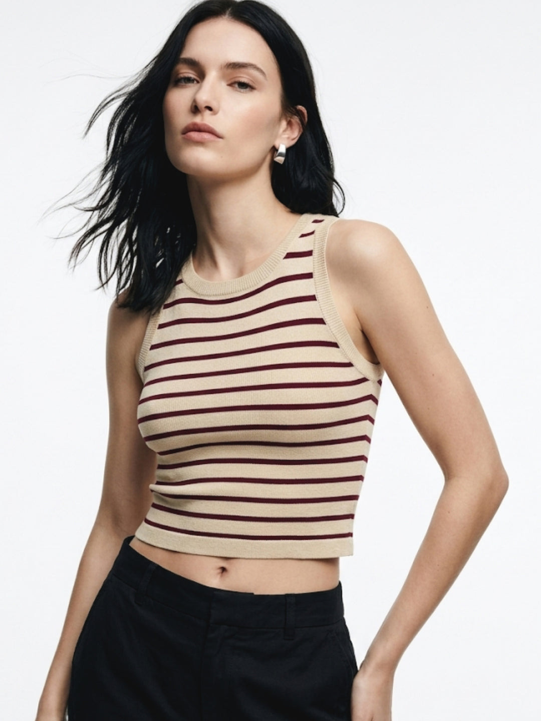 Beige Sleeveless Striped Tank