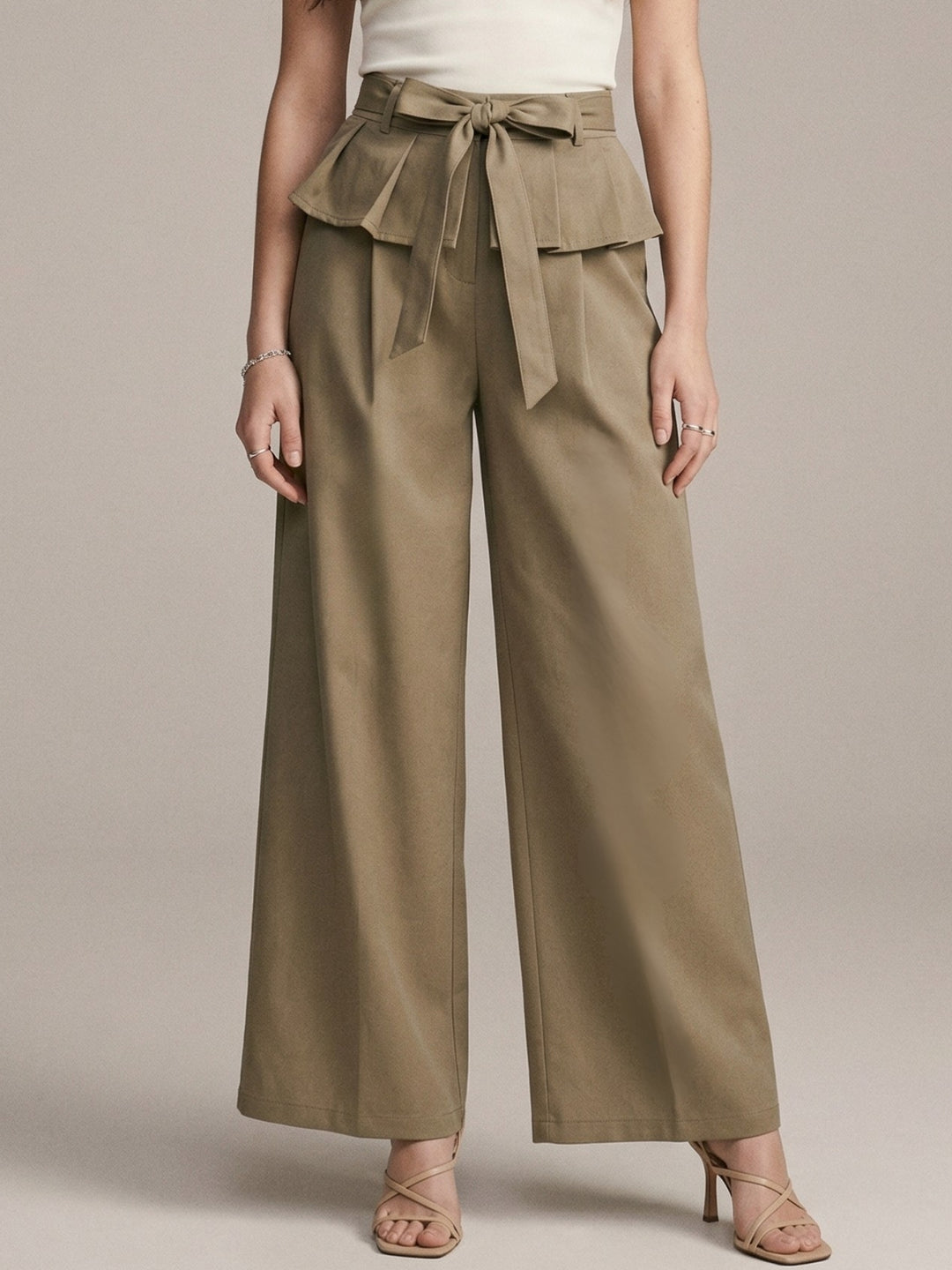 Khaki High Waist Trouser With Skirt Detail