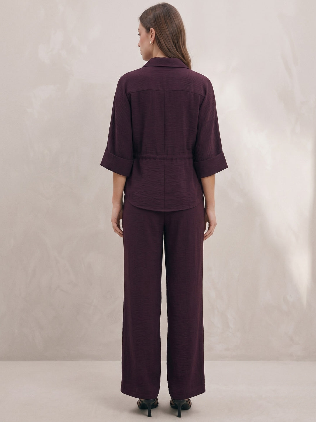 Maroon Coord Set With Oversized Utility Shirt With Wide Leg Touser In Elevated Textured Fabric