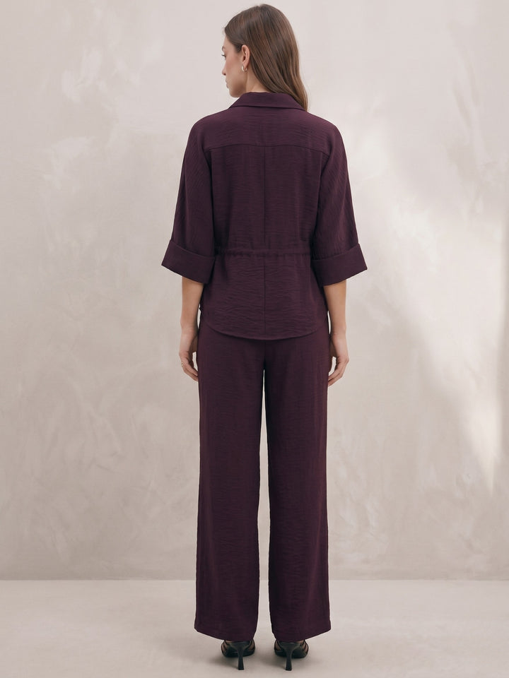 Maroon Coord Set With Oversized Utility Shirt With Wide Leg Touser In Elevated Textured Fabric