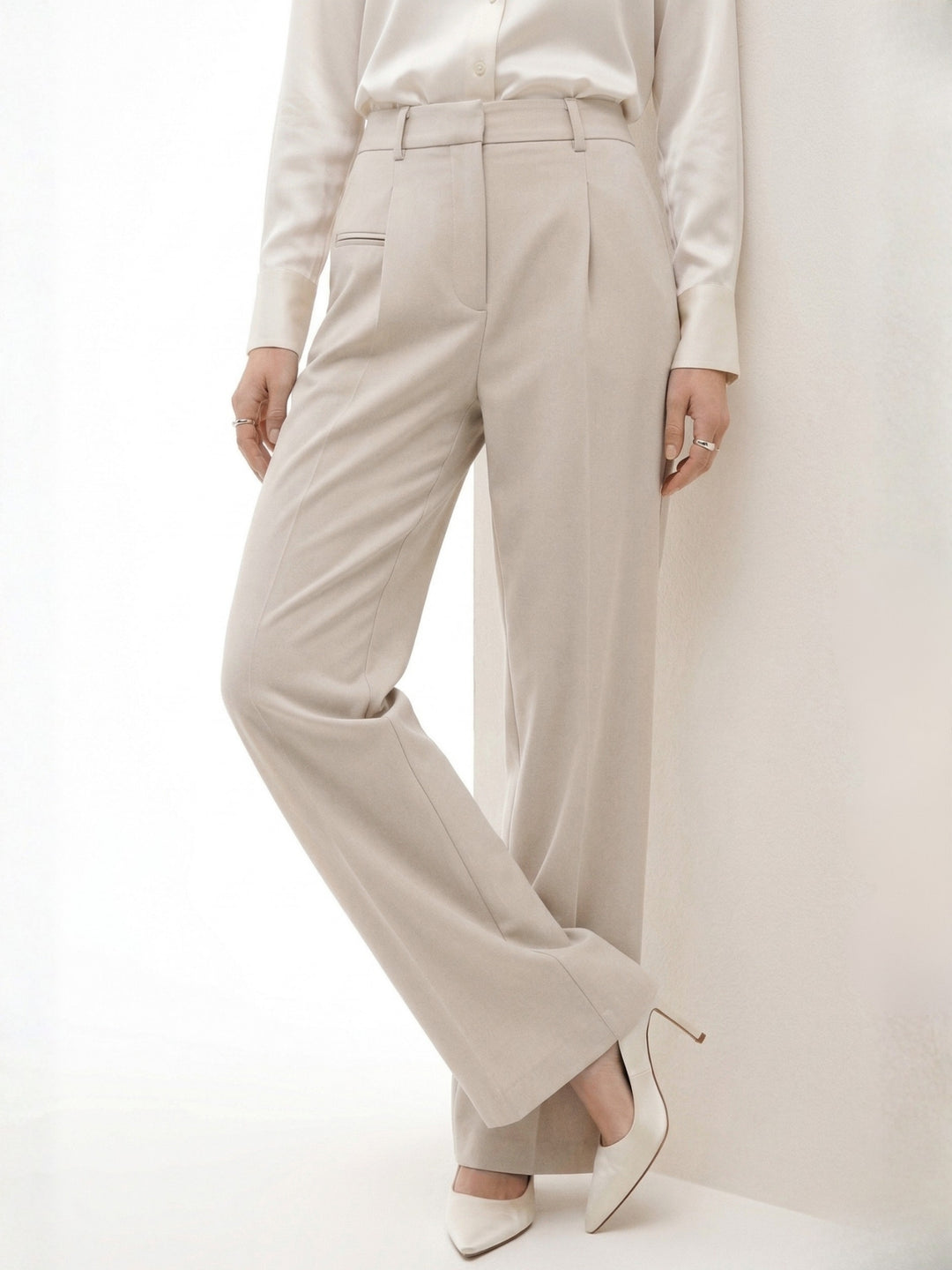 Beige High Waist Front Pleated Pants