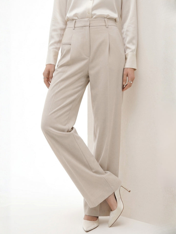 Beige High Waist Front Pleated Pants