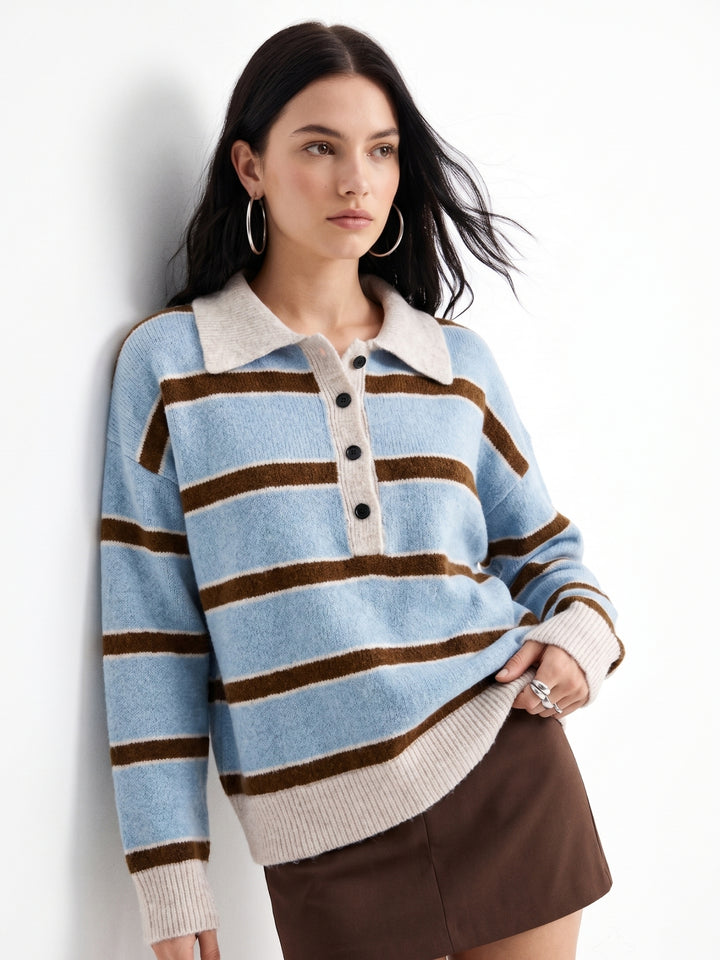 Blue Thick Striped Button Down Collared Sweater