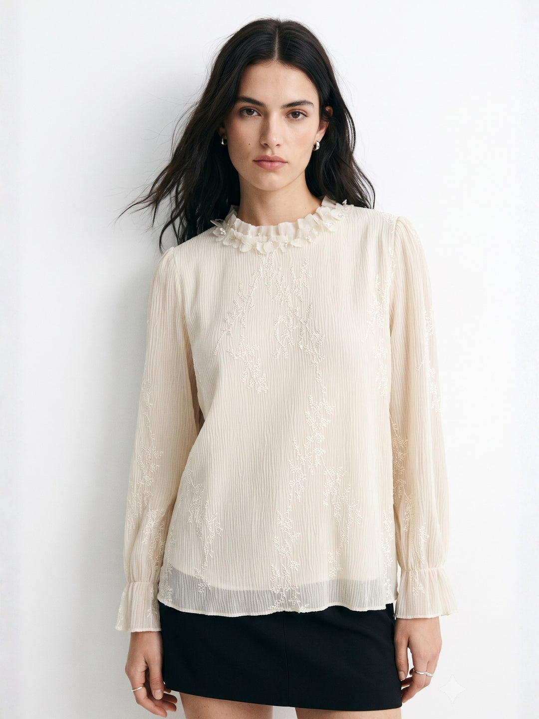 Off White High Neck Floral Lace Top With Sheer Sleeves