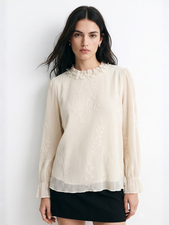 Off White High Neck Floral Lace Top With Sheer Sleeves