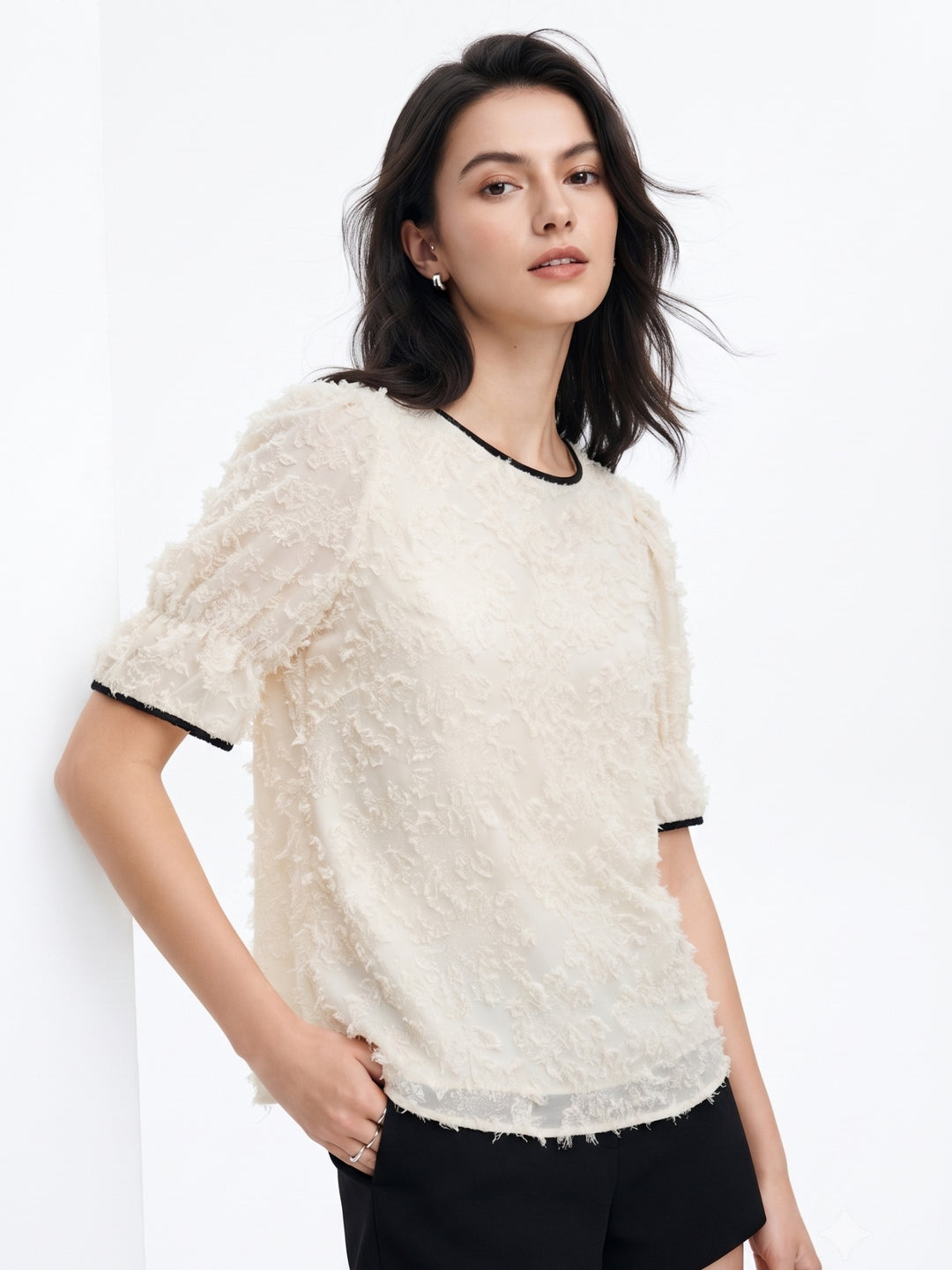Off White Bishop Sleeve Contrast Edge Textured Top