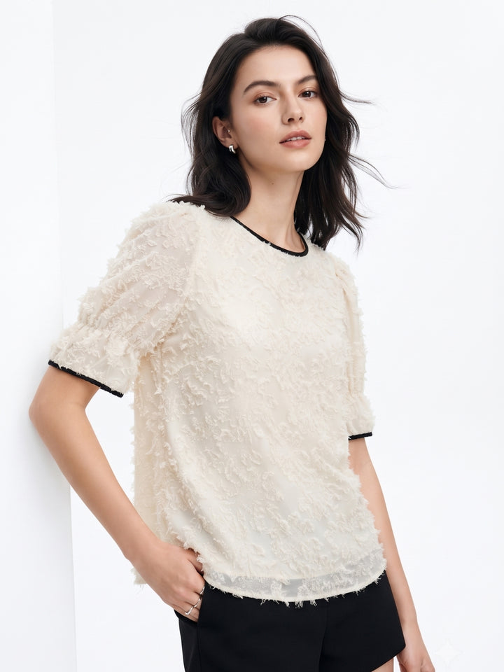 Off White Bishop Sleeve Contrast Edge Textured Top