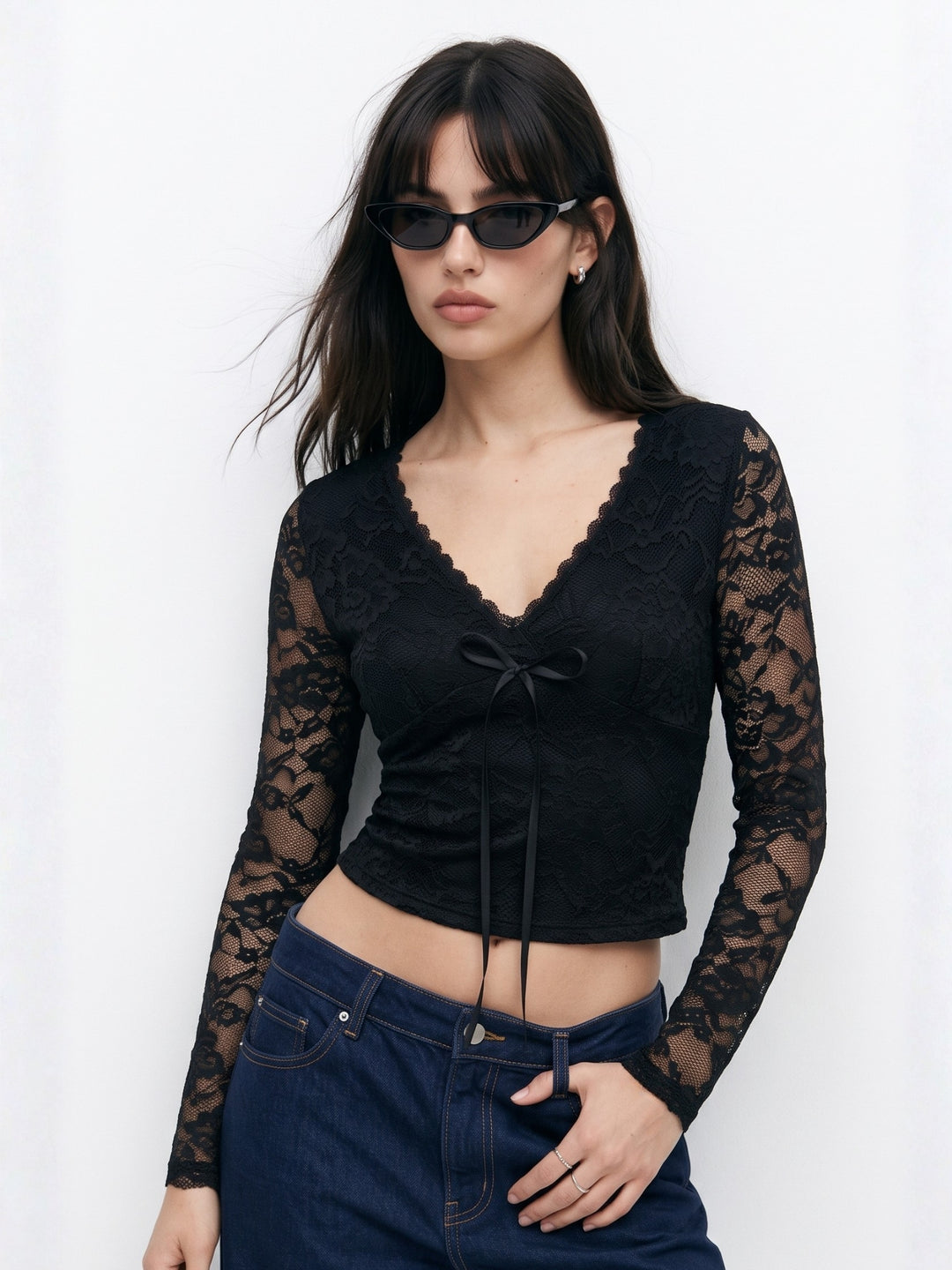 Black V Neck Sheer Lace Sleeved Top