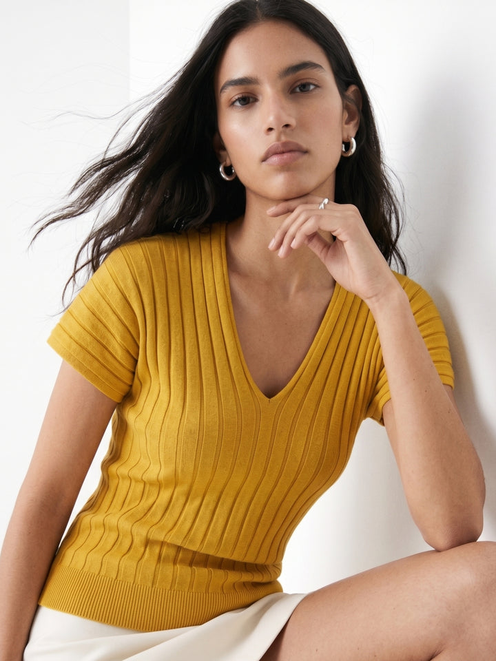Yellow V-Neck Textured Top