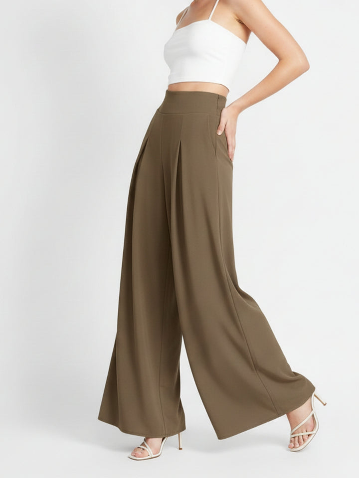 Brown High Waist Pleated Flared Trouser