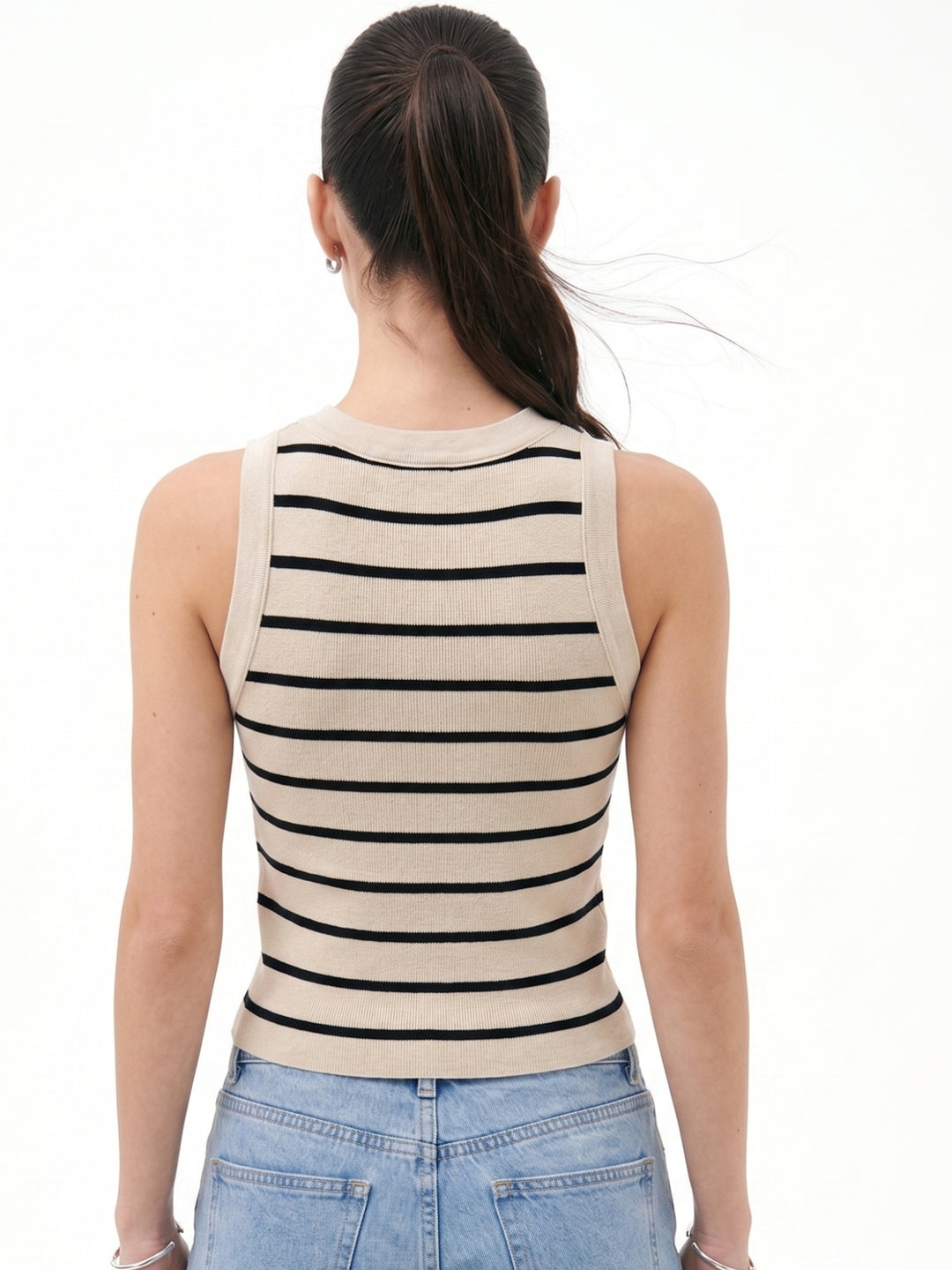 Off White Sleeveless Basic Striped Tank Top