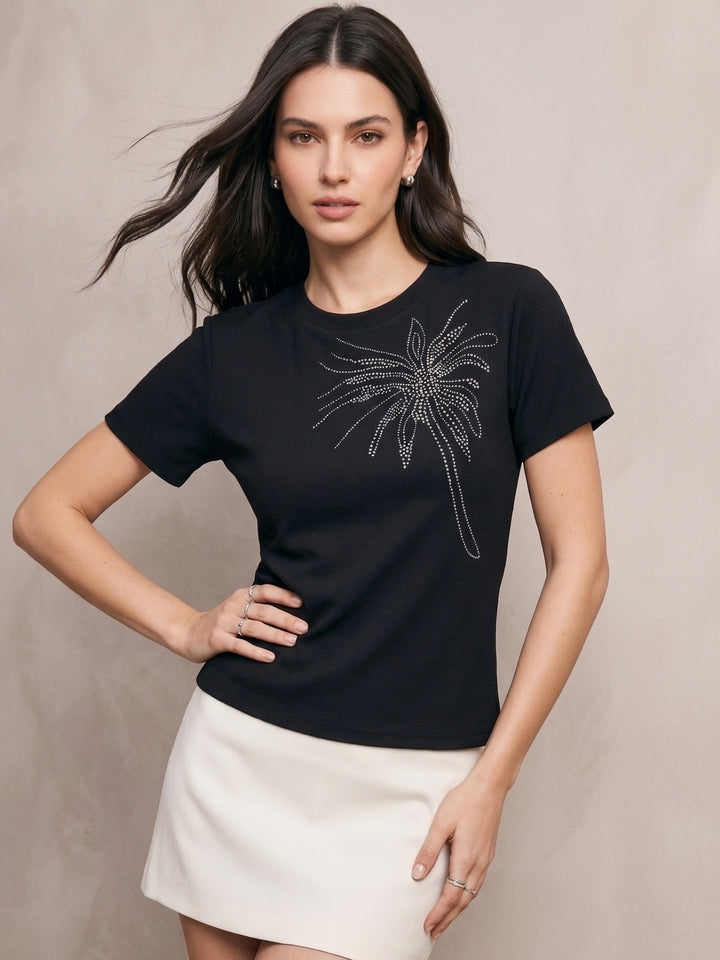 Black Fitted T-Shirt With Floral Embellishments
