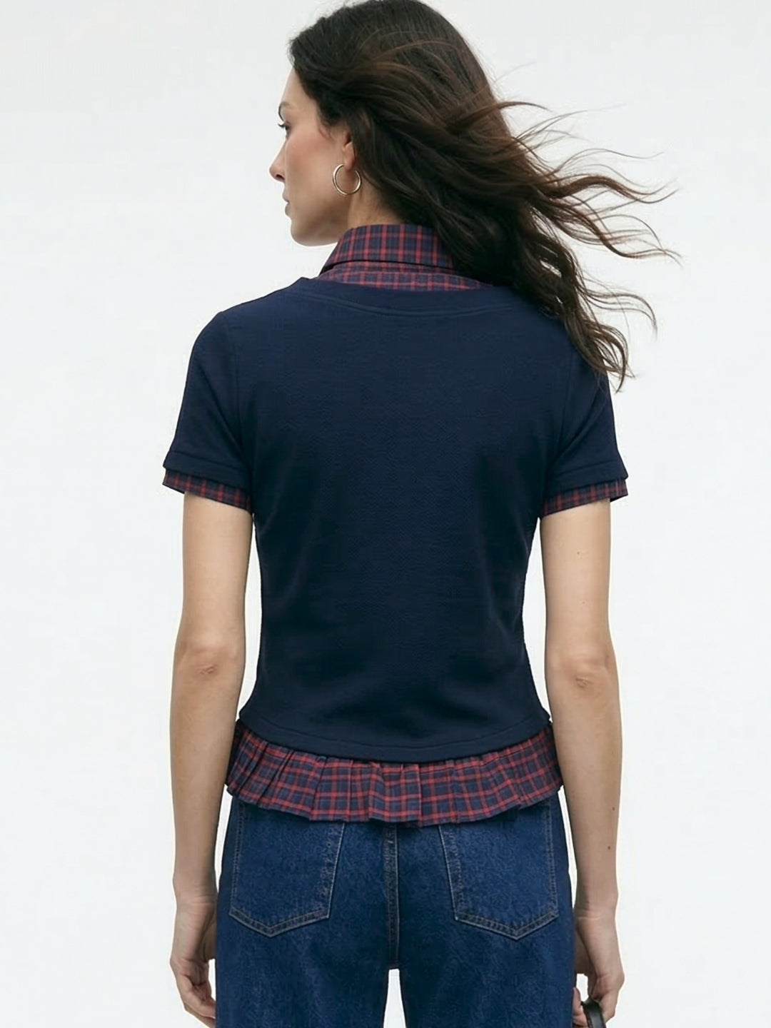 Navy V Neck Top With Checkered Collar And Ruffled Hem