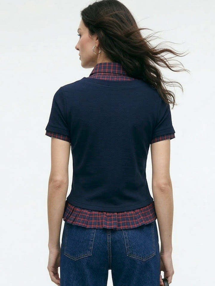 Navy V Neck Top With Checkered Collar And Ruffled Hem