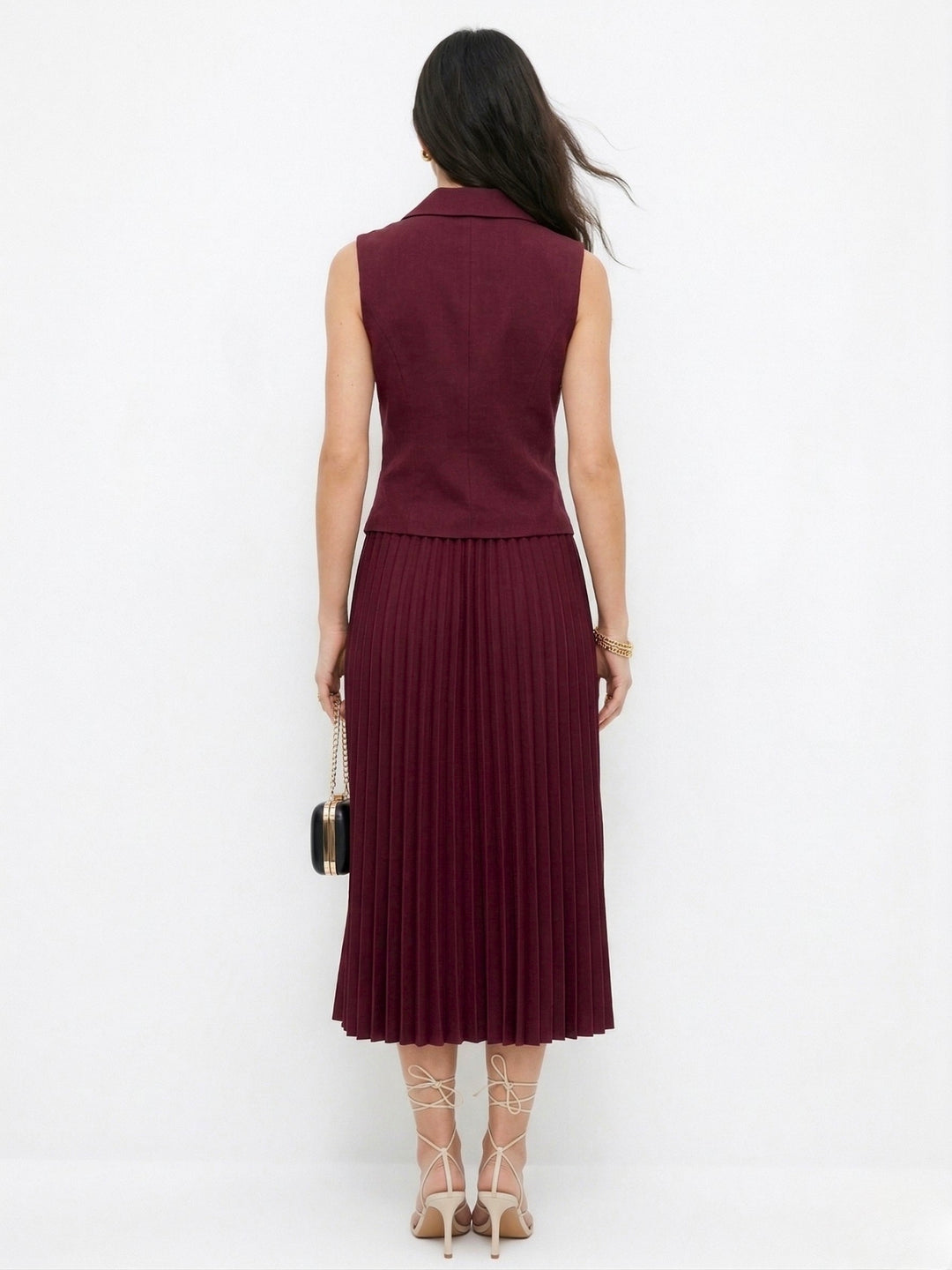 Maroon Sleeveless Vest And Skirt Set