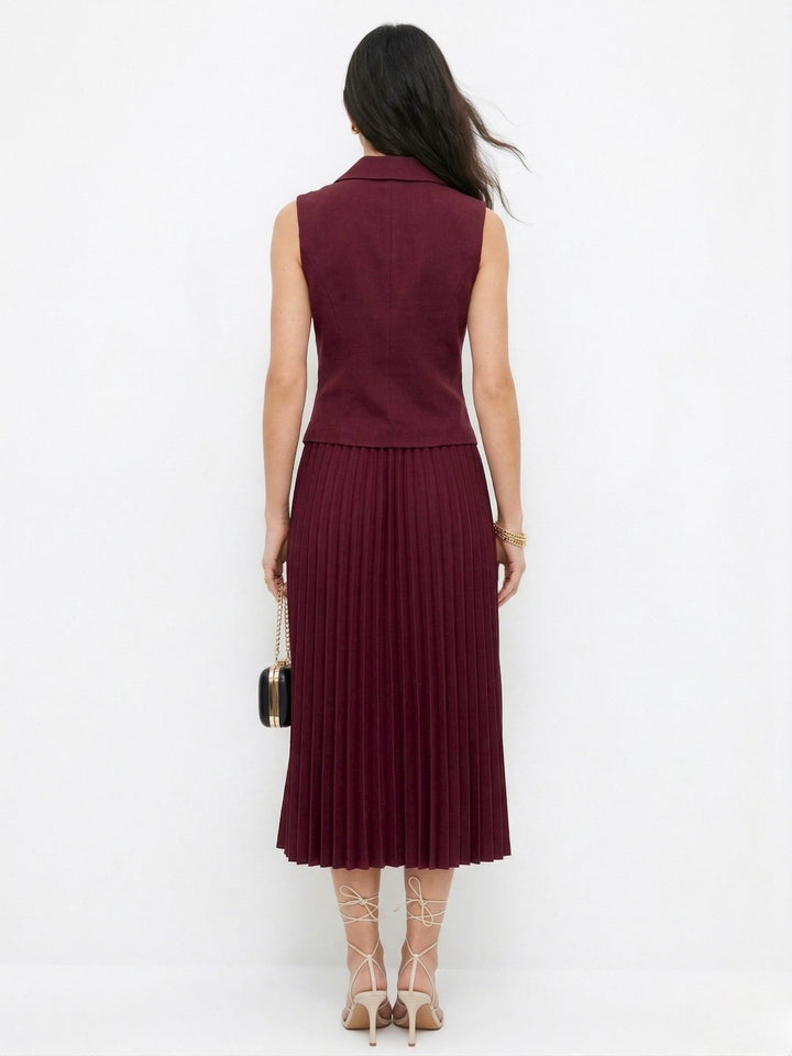 Maroon Sleeveless Vest And Skirt Set