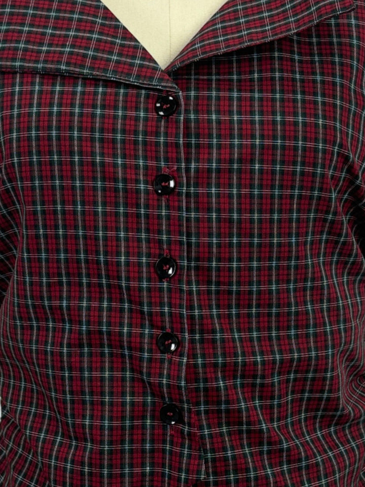 Wine Checkered Fitted Button Down Shirt With Back Belt Detail