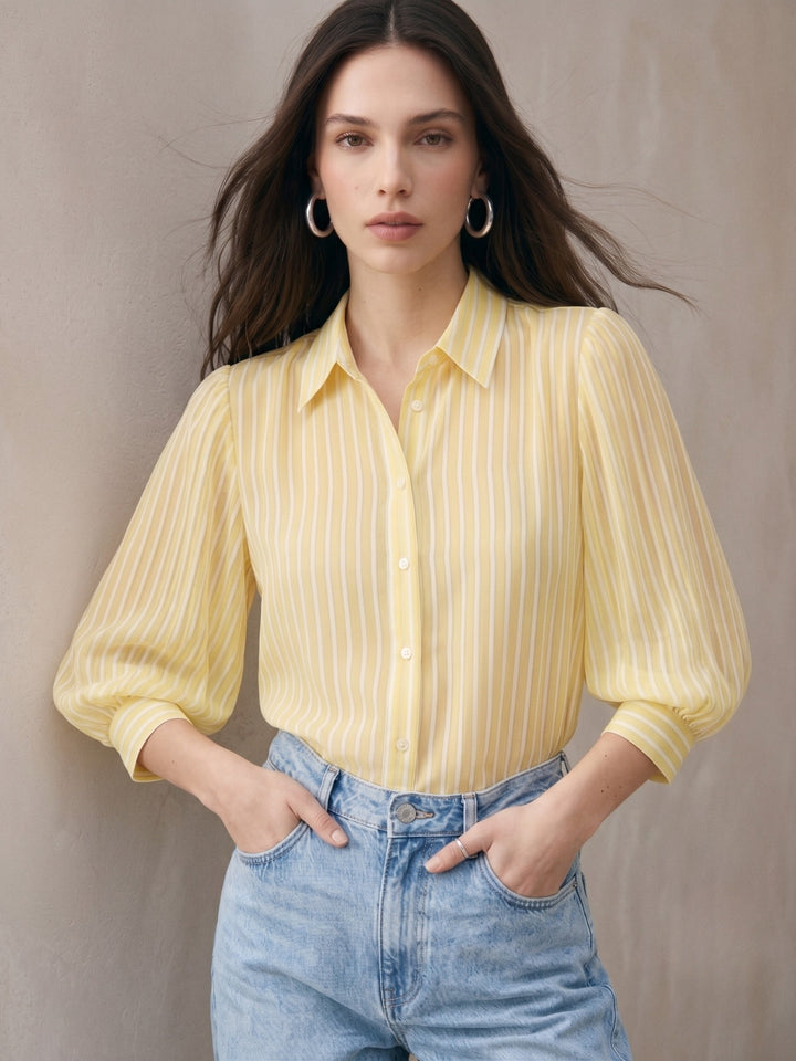 Yellow Striped Shirt With Balloon Sleeves