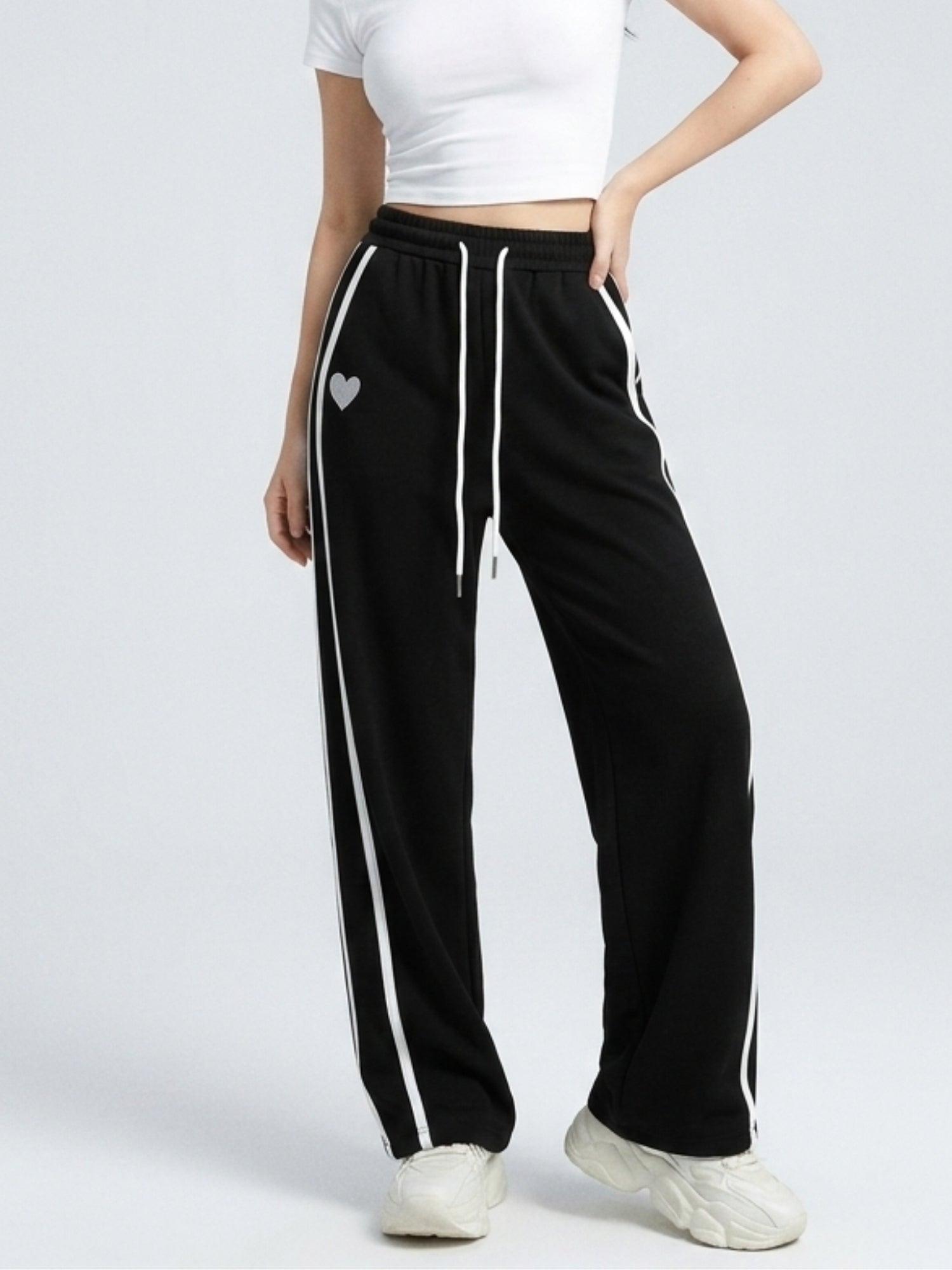 Solid Black Stripped Wide Leg Sweatpants