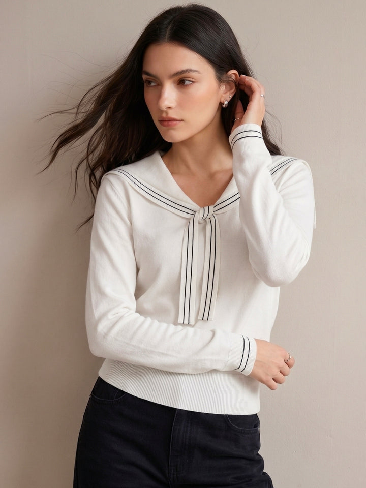 White Collar & Tie Detail Sweater