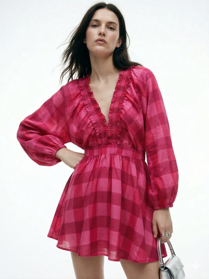 Pink Plunge Neck Bold Checkered Mini Dress