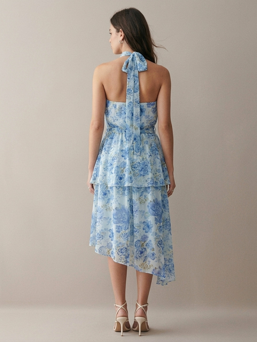 Blue Knee Length Asymmetric Hemline Tiered Printed Dress With Belt