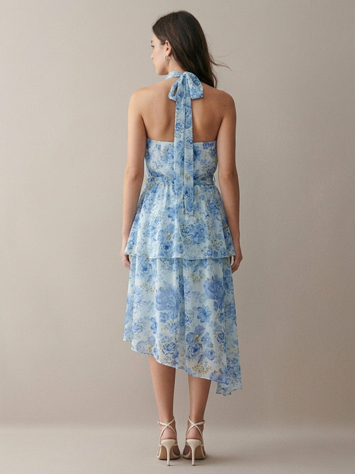Blue Knee Length Asymmetric Hemline Tiered Printed Dress With Belt