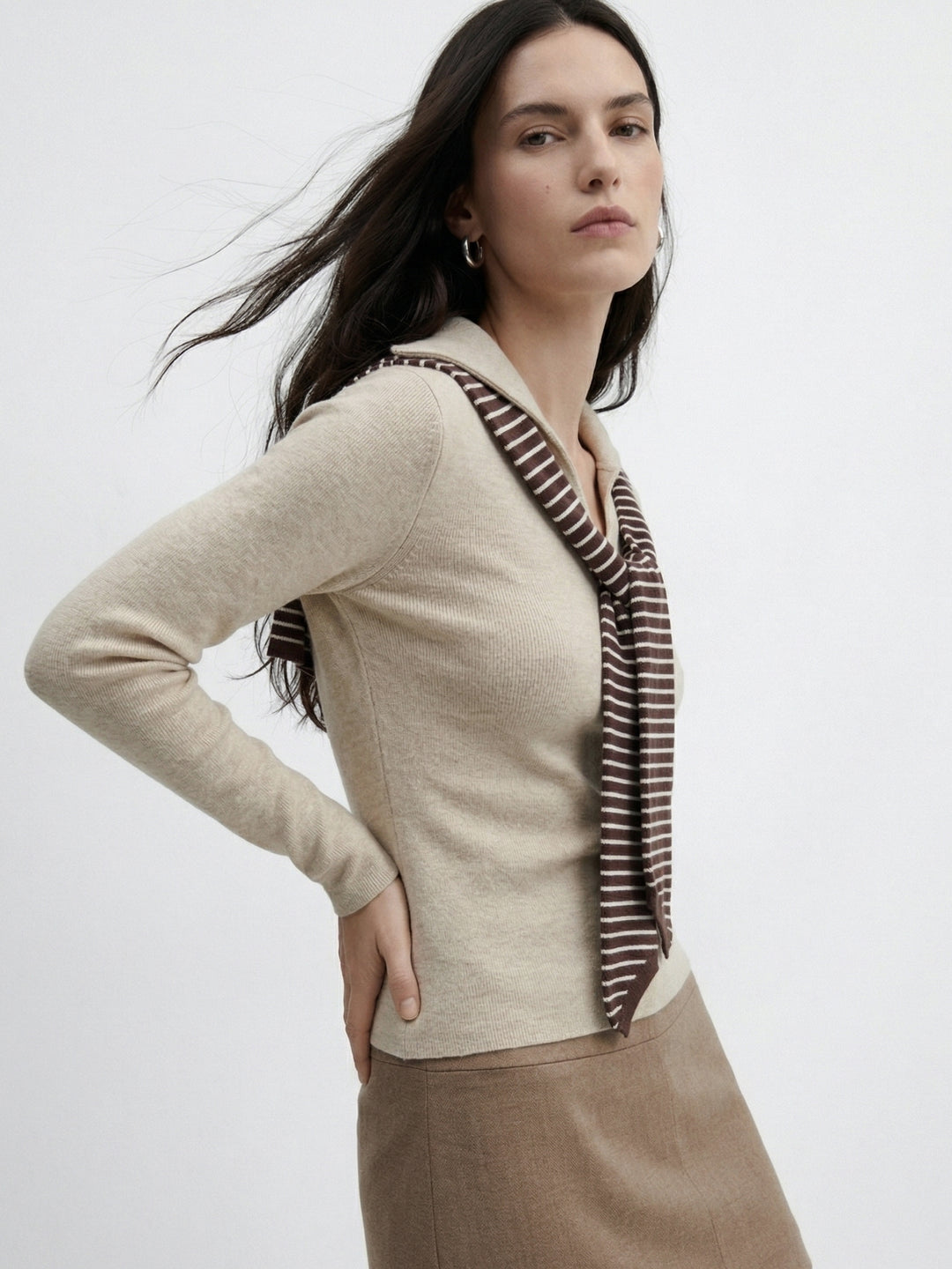 Cream Full Sleeve V Neck Tie Up Top