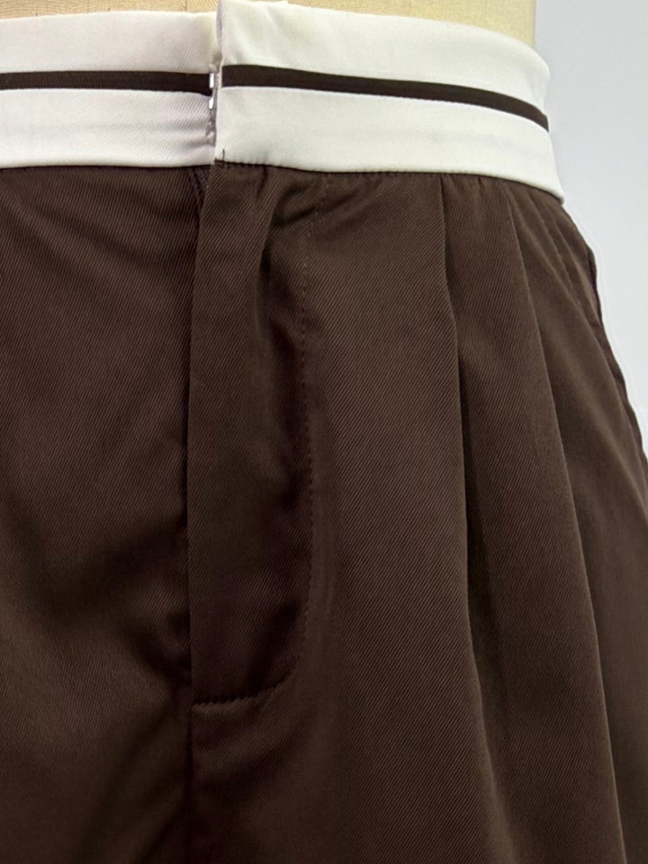 Brown Contrast Waist Band Pleated Wide Leg Trouser