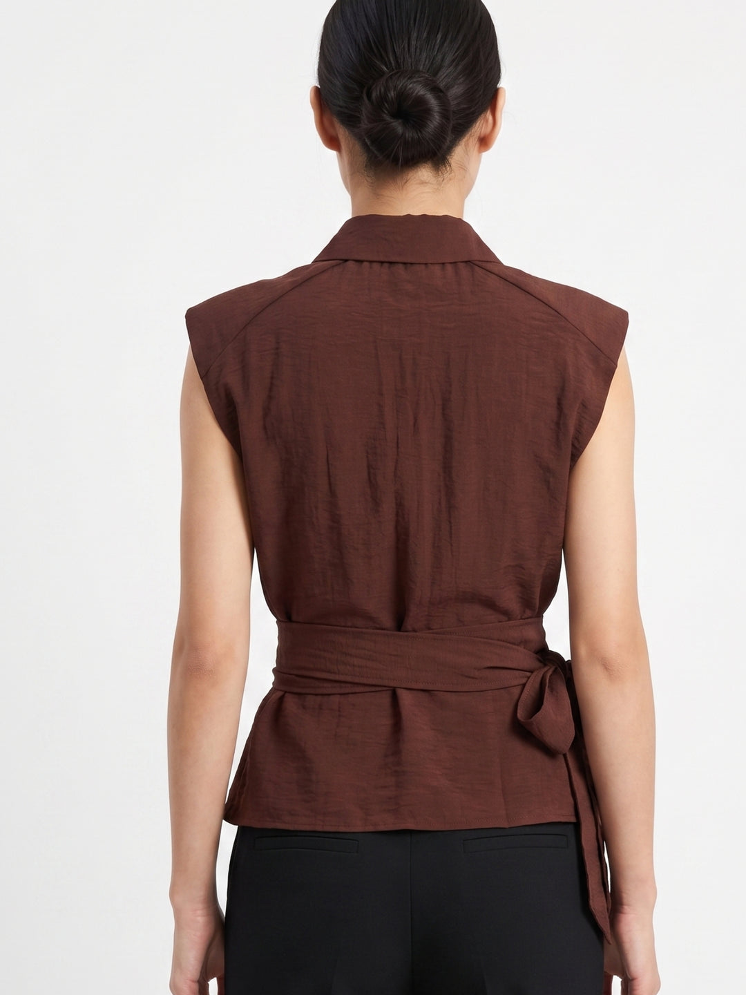 Brown Waist Tie-Up Front Buttoned Top