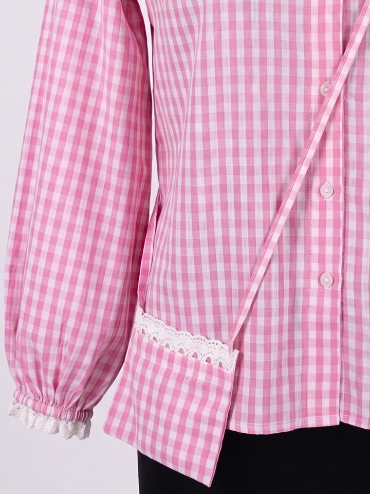 Pink Relaxed Fit Lace Detailed Ghingham Check Cotton Blouse With Self Fabric Bag