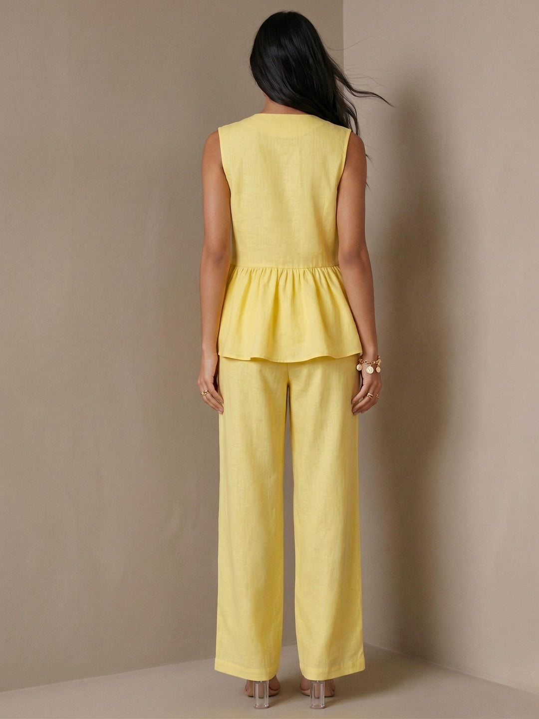 Yellow Sleeveless V Neck Top And Pant Set