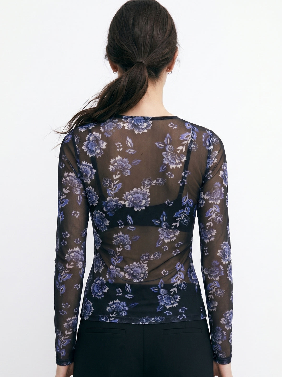 Blue Front Buttoned Floral Printed Mesh Top