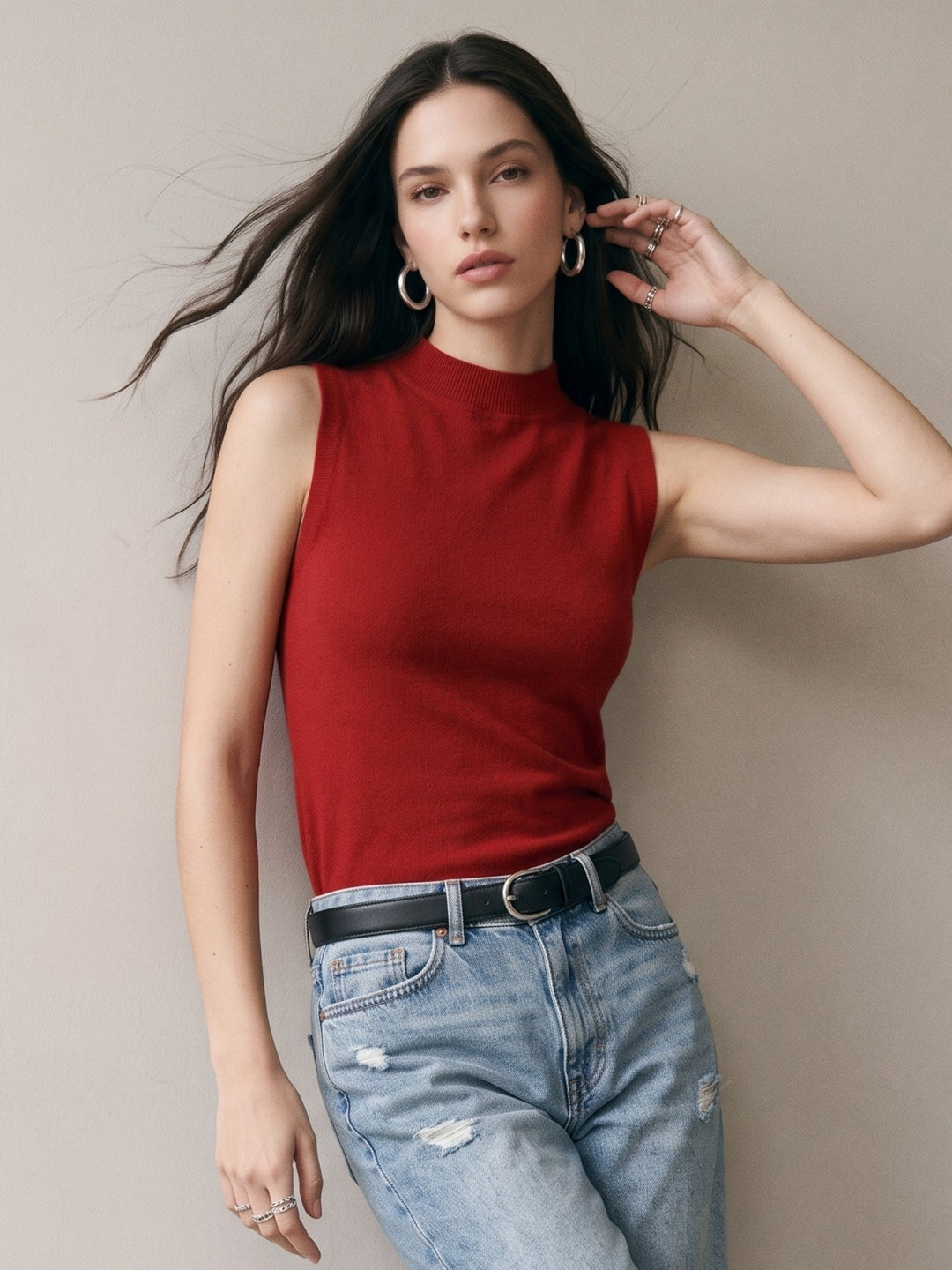 Red High Neck Tank Top