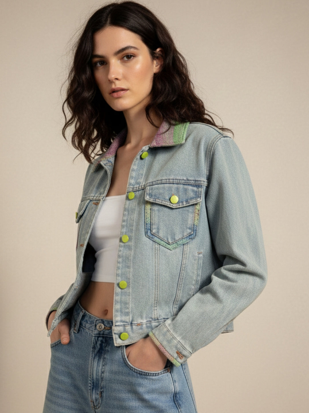 Blue Contrast Coloured Buttons And Collared Denim Jacket