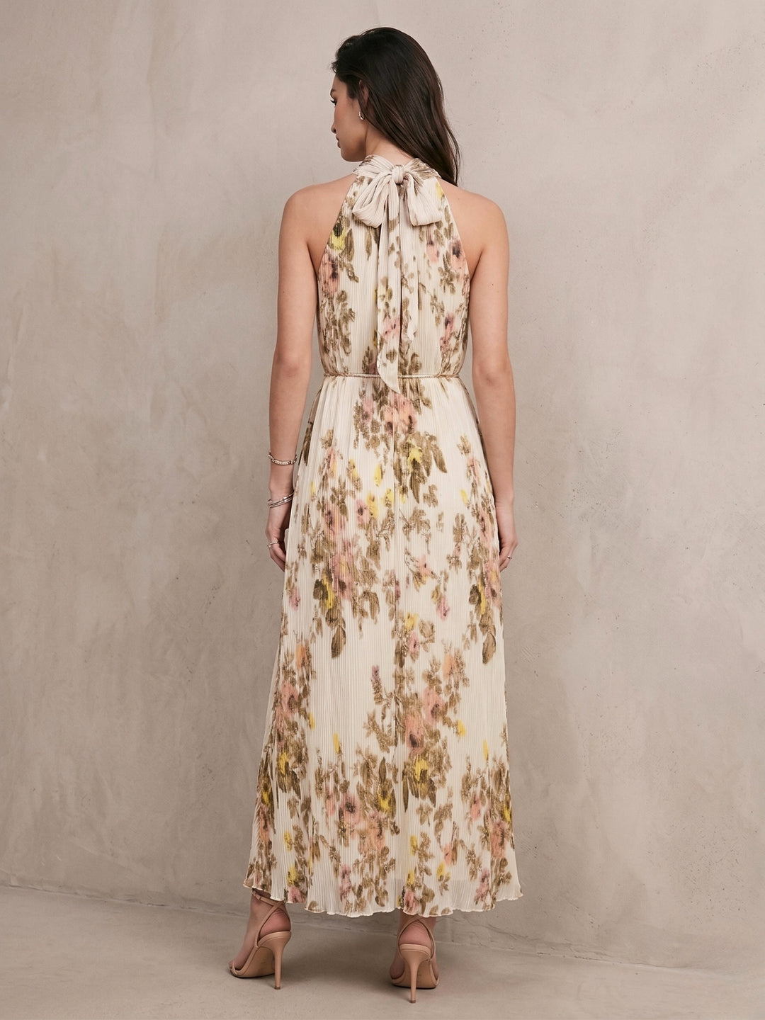 Beige Black Halter Neck Floral Printed Dress