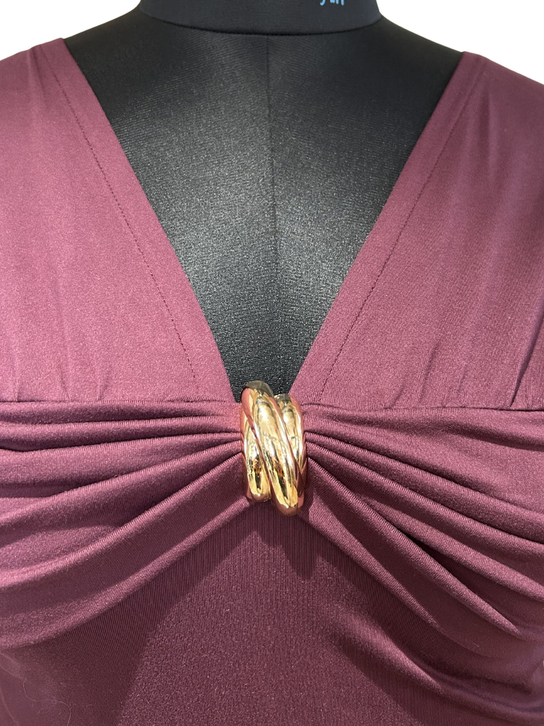 Wine Plunge Neck Top With Metal Buckle Detailing