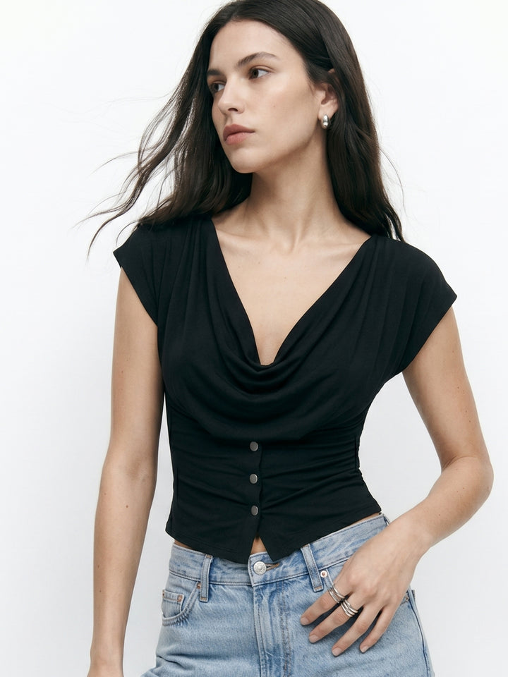 Black Short Sleeve Cowl Neck Front Buttoned Top