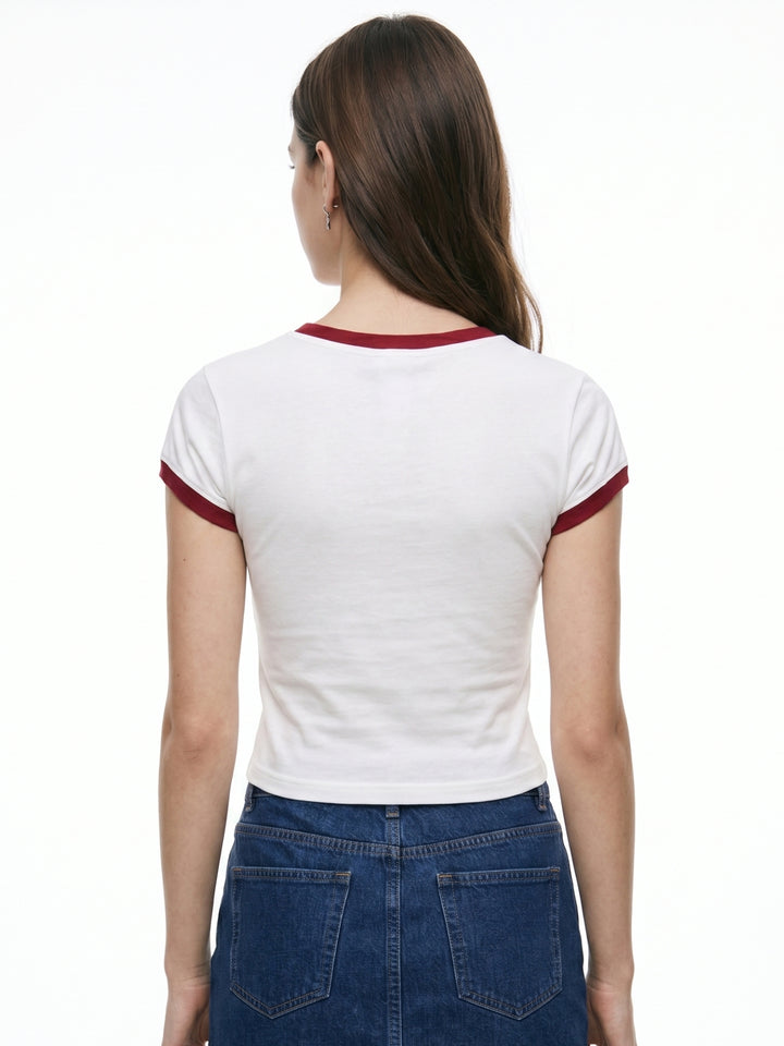 White Contrast Tipping Ringer Graphic T-Shirt